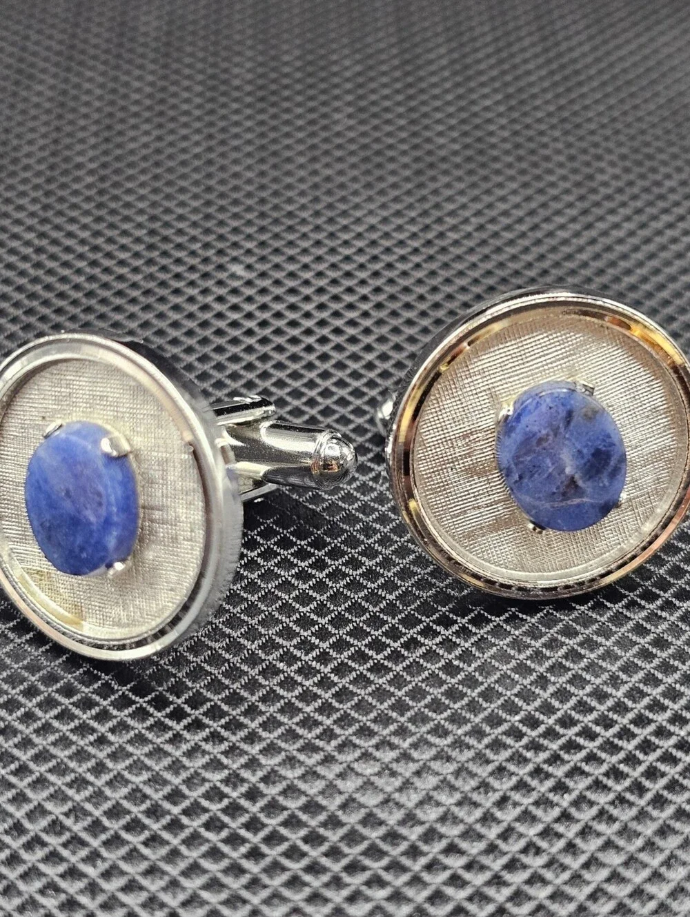Vintage Silver Tone Cufflinks with Blue Stone Inlay